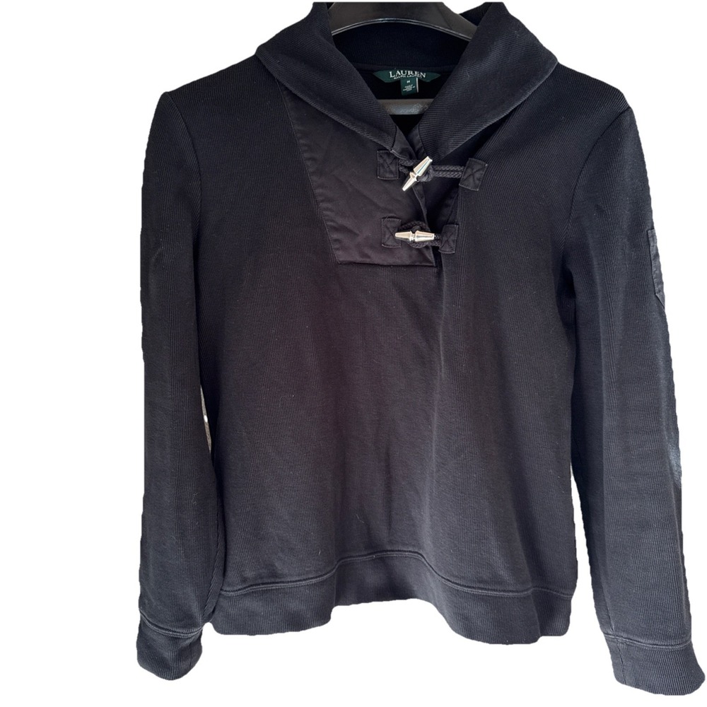 Lauren Ralph Lauren Ribbed Pullover Top Womens M Shawl Collar Toggle Closure Blk